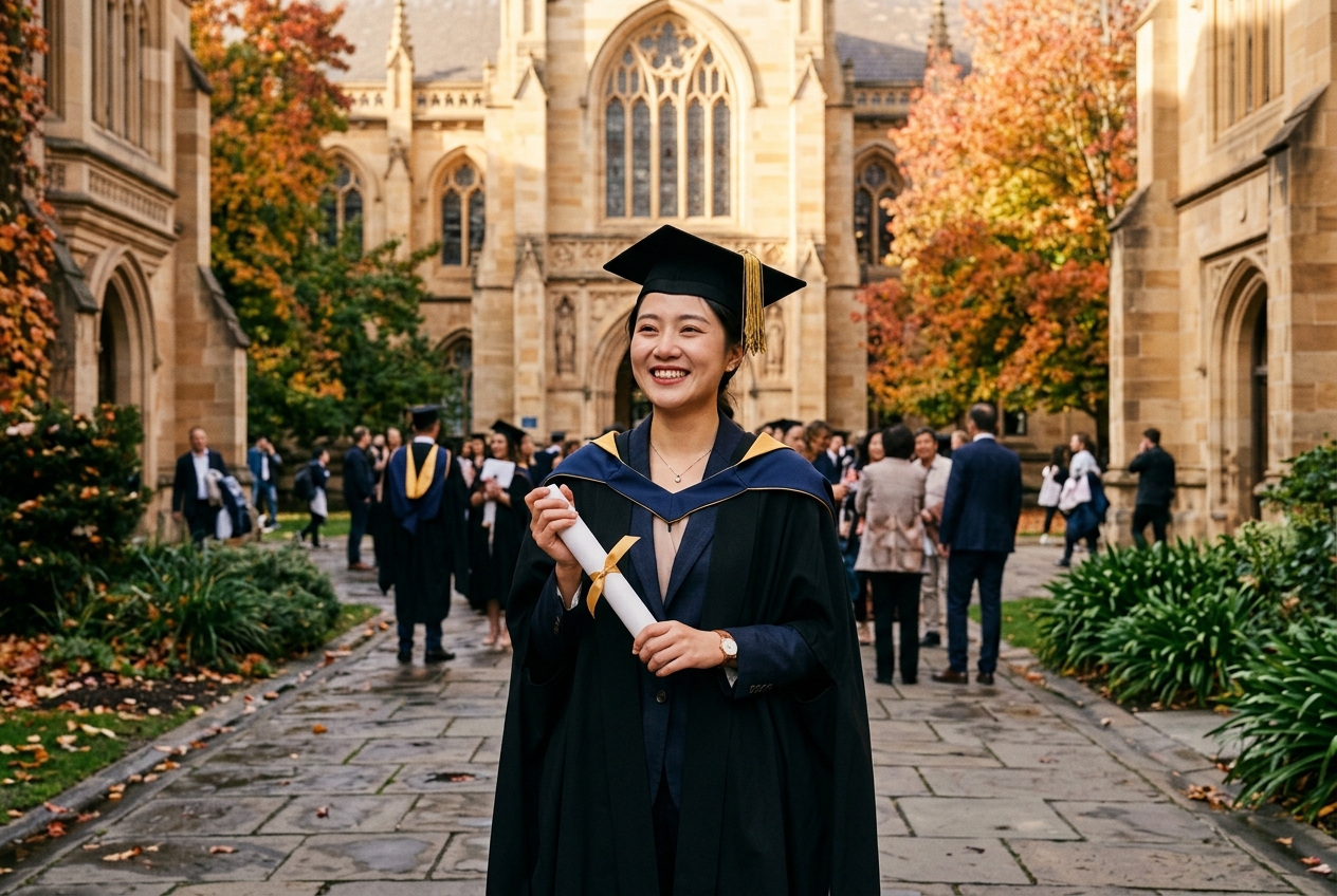 Master graduate on an Australian university campus in Melbourne