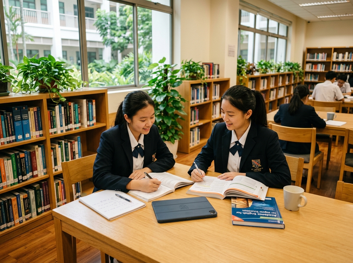 Học sinh Nanyang Asia College tự học và nghiên cứu tài liệu Cambridge tại thư viện