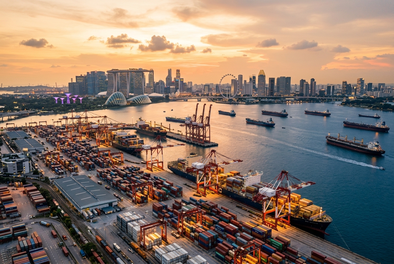 Panoramic view of Singapore commercial maritime seaport and logistics hub