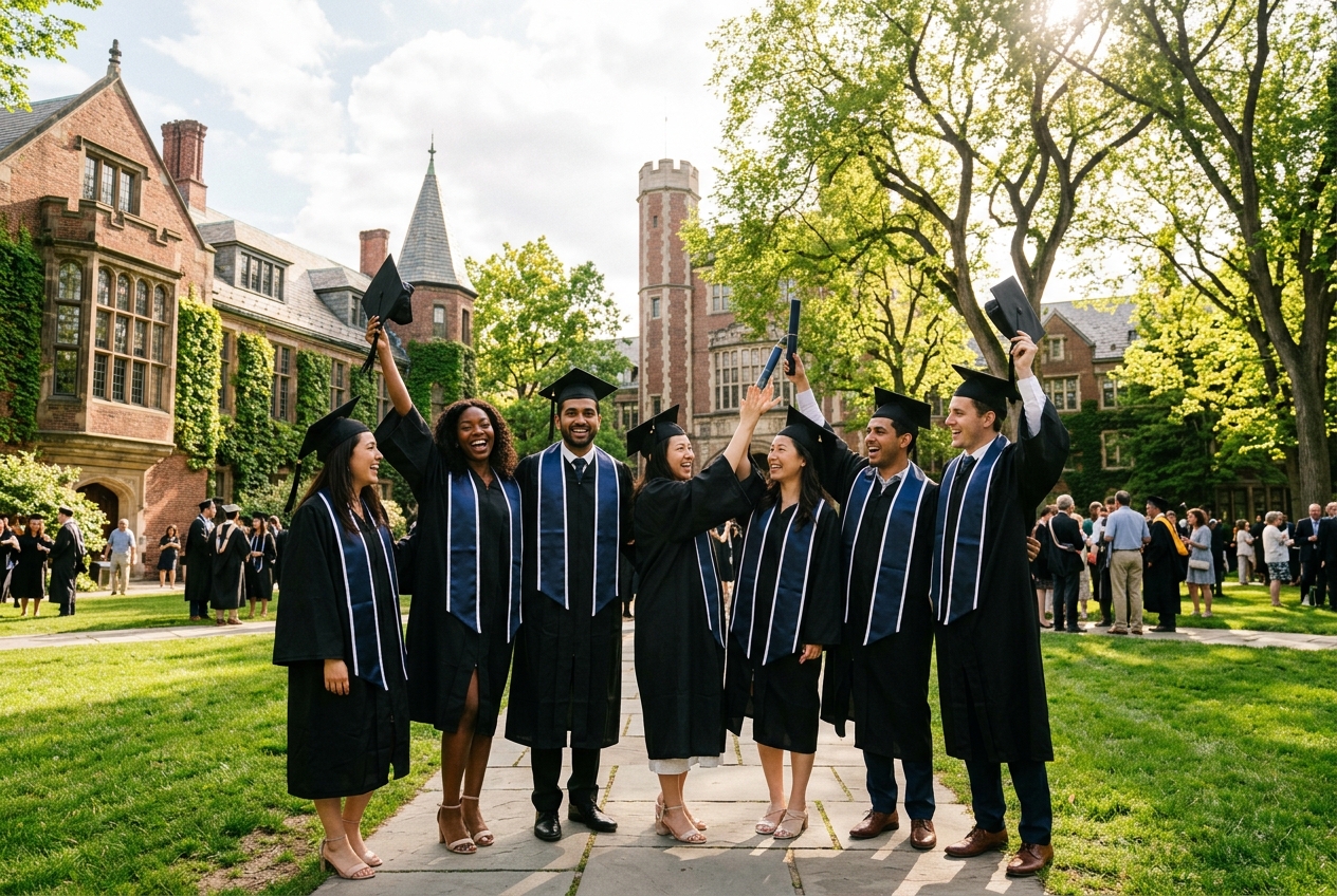 STEM international students celebrating graduation at a premier US university