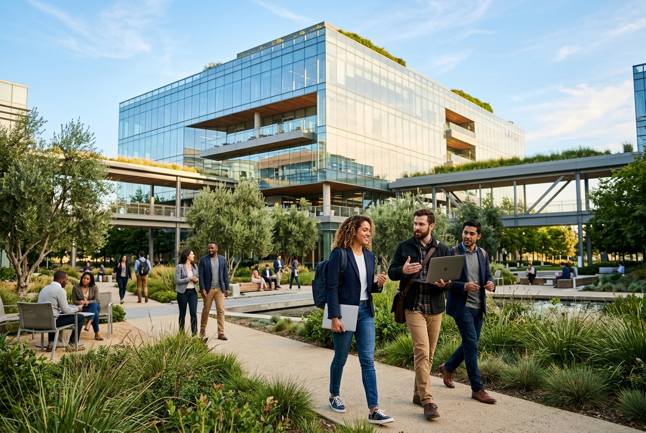Software engineers at a tech corporate campus in Silicon Valley California